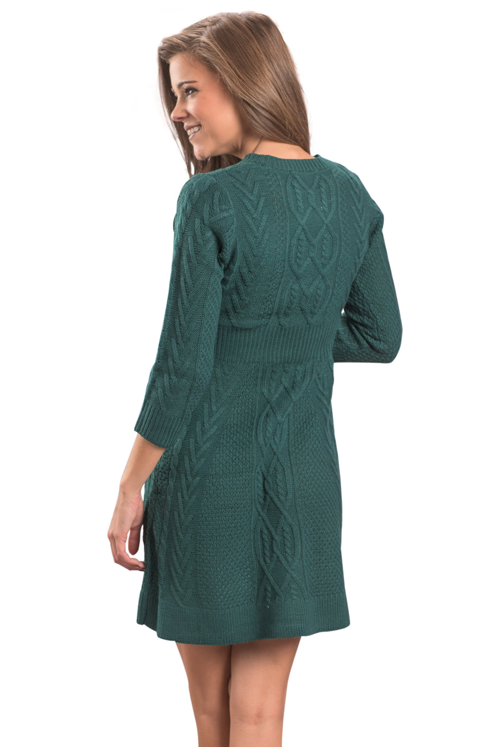 BY27692-9 Green Cable Knit Fitted Sweater Dress